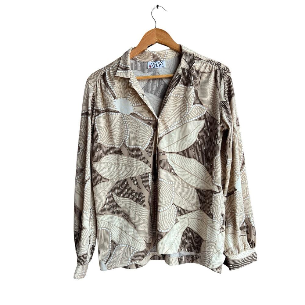 Women's Career Blouse Vintage 70s Long Sleeve Button Up Brown Paisley Size XL